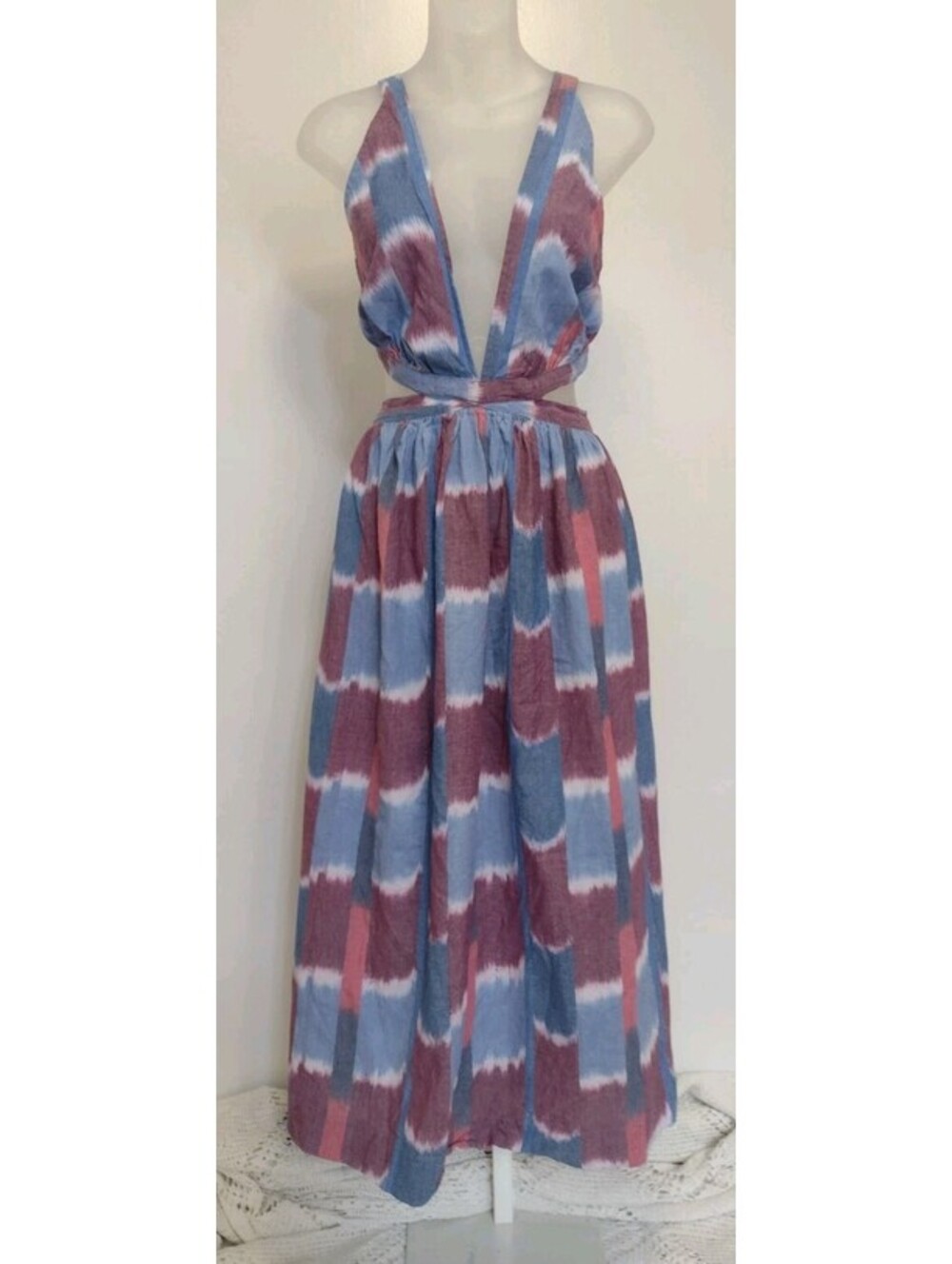 Anthropologie Womens Deep V Midi Dress Large NWT Halter Open Back Boho Ikat